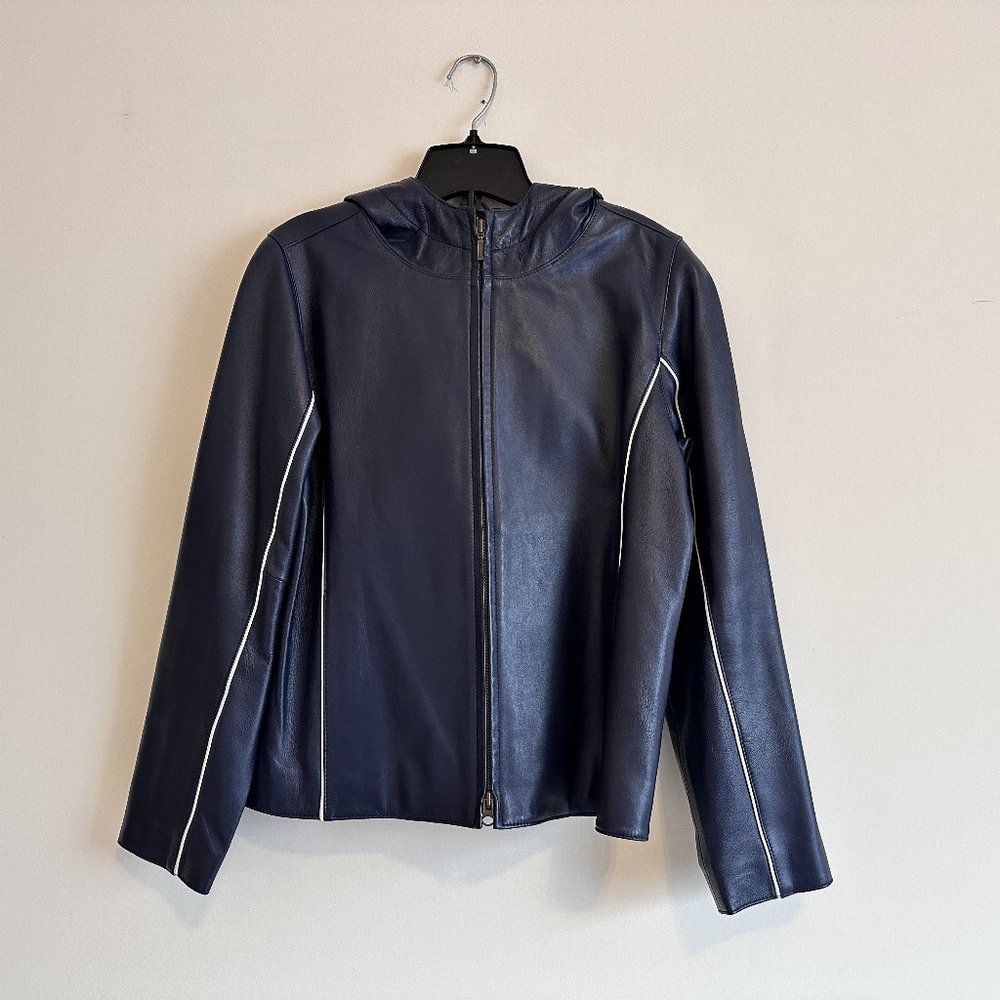 Marcel Canada Navy Leather Zip Jacket with Hood